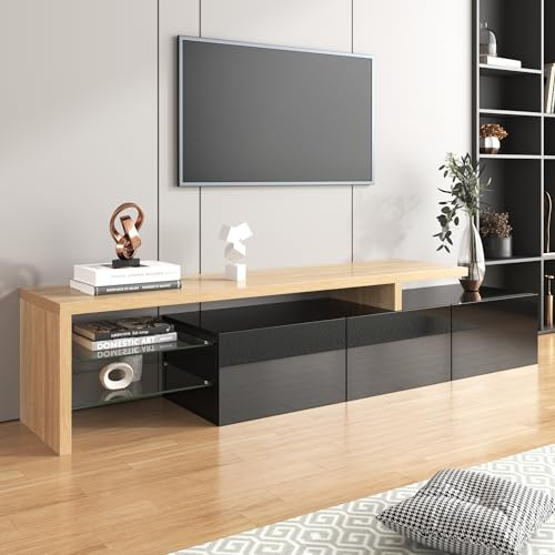 Azkoeesy TV-Schrank Lowboard 200 cm mit LED-Beleuchtung, Hochglanz Schwarz und Holzoptik, Moderner TV-Board Fernsehtisch mit 2 Glasböden und 3 Schranktüren (Hochglanz schwarz)