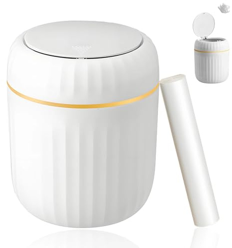 Plumaire Desktop Trash Can with Press Type Lid, 2L Mini Small Desk Bin for Home, Office, Bathroom, Dressing Table and Car, Includes Disposable Garbage Bags