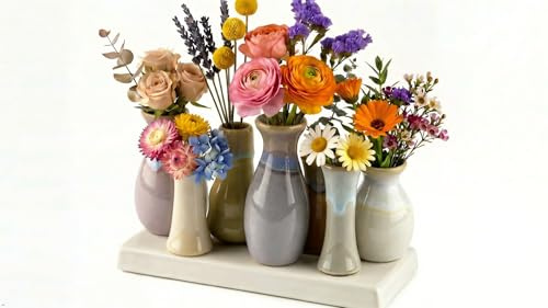 Dekovase Handgefertigte kleine Keramik Deko Blumenvasen Set aus kleinen Vasen, bunt & weiß, dekorative Keramikvasen auf Sockel für Trockenblumen, hübsche Mini Vase (Vase (7er) bunt V3-20cm)