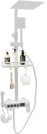 Yikmid Ensemble de douche avec 4 sorties et thermostat Affichage LED Douchette en acier inoxydable avec douchette (tuyau de 1,5 m) et panier de rangement pour salle de bain et hôtel, blanc