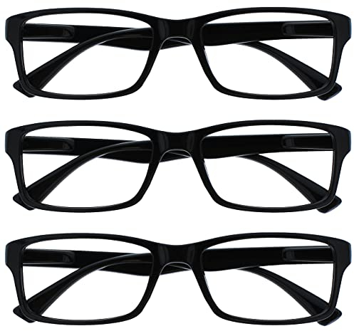 OPULIZE PEP Lesebrille für Damen und Herren - 3er Pack - Große Rechteckige Brille - Komfortable Federscharniere - Kratzfest - Schwarz - UVR +3.00