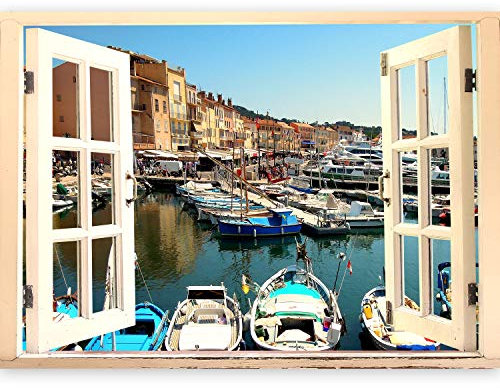 murando ILLUSIONE OTTICA 3D 140x100 cm Carta da parati sulla fliselina Carta da parati in TNT Quadri murali Fotomurale Finestra Mare Barchetta