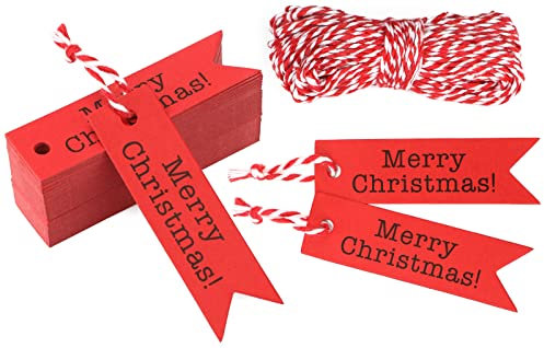 jijAcraft Merry Christmas Geschenkanhänger, Weihnachtsgeschenkanhänger 7x 2cm, 100 Stück Geschenkanhänger Kraftpapier Weihnachten mit Schnur, für Weihnachten Dekoration Geschenke Verpackung