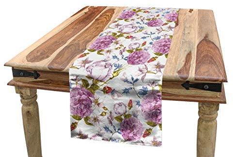 ABAKUHAUS Blumen Tischläufer, Vintage Frühlingslandschaft, Esszimmer Küche Rechteckiger Dekorativer Tischläufer, 40 x 180 cm, Lila Weiß