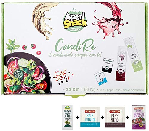 Aperisnack® - AP20.001.03 Condimento per Insalate 100 Kit (400pz) bustine di Sale, Pepe, Olio e Aceto balsamico Modena IGP Monodose