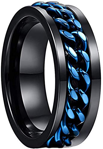 NUNCAD Damen/Herren Schwarz Ringe mit Blau drehbare Ketten Inlay Spinner Ringe aus Wolfram als Partnerring Hochzeitsring Verlobungsringe Größe 60.0 (19.1)