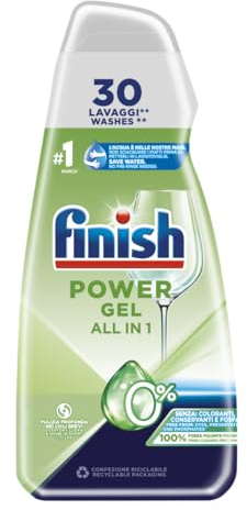 Finish Powergel Detersivo Lavastoviglie 0%, Gel Lavastoviglie, 30 Lavaggi di Liquido Lavastoviglie contro lo Sporco Ostinato