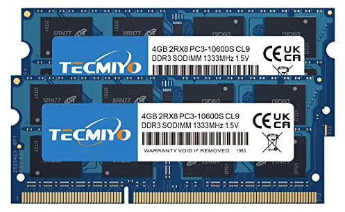 TECMIYO 8GB Kit DDR3(2X4GB) Ram PC3-10600S CL9 DDR3 SODIMM 1333MHZ 1.5V Non-ECC Unbuffered Laptop RAM Memory Module