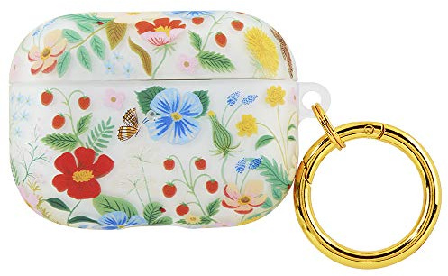 Rifle Paper Co. AirPod Pro Schutzhülle aus weichem Silikon mit goldenem Schlüsselring für Männer und Frauen, Front-LED sichtbar - klares Erdbeerfeld