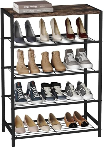 HOME BI 5-Tier Industrial Shoe Rack, Metal Shoe Storage Organizer, Durable Shoe Organizer Shelf for Closet, Hallway, Entryway, Living Room, Rustic Brown