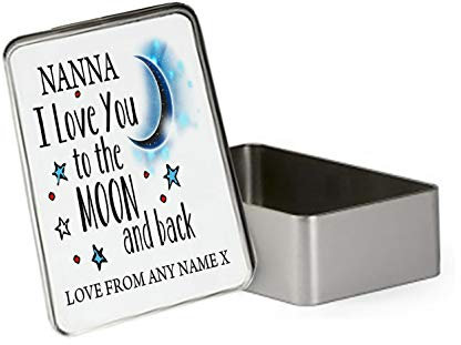 Giftme Personalised Nanna I love You To The Moon And Back Portable Metal Tin Storage Box Biscuit Chocolate Emergency Stuff Tin Birthday Present. (Rectangular)