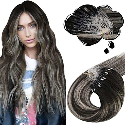 Moresoo Microring Extensions Echthaar 55 cm Schwarz und Silber Haar Extensions Seidenglatt Für Jede Tätigkeit 50G 50Stränge #1B/S/1B