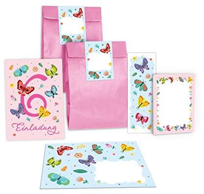 Junapack 12 Einladungskarten zum 6. Kindergeburtstag sechste Geburtstag Mädchen Schmetterlinge incl. 12 Umschläge, 12 Tüten/rosa, 12 Aufkleber, 12 Lesezeichen, 12 Blöcke