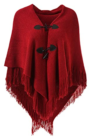 Ferand Poncho Châle Femme Elégant Chaud Ouvert Devant avec Bouton à Franges pour l' Automne Hiver - Taille unique - Rouge