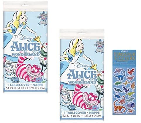 Unique El paquete de suministros de fiesta de Alicia en el país de las maravillas incluye 2 manteles de plástico y 1 hoja de calcomanías de dinosaurio