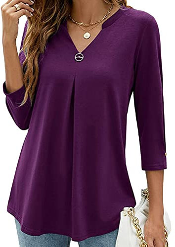 ORANDESIGNE Camicetta Donna Casual Camicia Elegante di 3/4 Manica Camicia Scollo a V Blusa Eleganti Tinta Unita Camicetta Maglietta T-Shirt Loose Fit Bluse OL Basic Tops Pullover B Viola XL