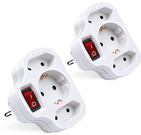 EXTRASTAR 3 en 1 Adaptador con Interruptor y Tres Enchufes Schuko, Hasta Carge 3680W, Toma intermedia (16A, 230V), Dos Enchufes Adicionales(2.5 A / 230 V)Blanco, 2 pcs