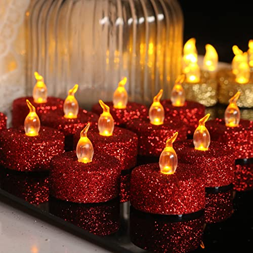 PERZOE 12pcs LED Tea Lights - Flameless, Flickering, Battery Operated, Electric Fake Red Candles