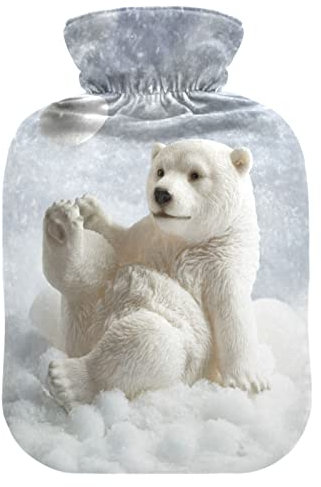 Playing Snowball Polar Bear Winter Hot Water Bottle with Cover Soft Warm for Winter Bed Hand Neck and Shoulders,2 L