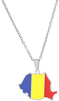 Rumänien Karte Anhänger Halsketten – ethnisches Muster Flagge Region Rumänien Karten Schlüsselbeinkette Halsketten Charm Hip Hop Trendy Schmuck für Damen Herren Pullover Kette, Silber, 50 cm
