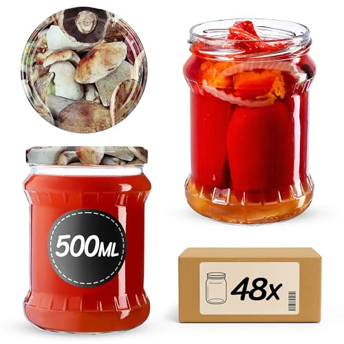 KADAX 48er Set Einmachgläser 500ml TO82 Pilze, Sturzgläser Mason Jar mit Schraubdeckel, Luftdichte Twist-off Gläser, Meal Prep, Overnight Oats, Sauerteig