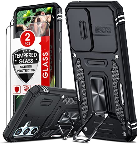 LeYi Kameraschutz Hülle für Samsung Galaxy A54 5G Ständer Handyhülle [2 Glasfolie Schutzfolie], Militär Standard Handy Hüllen Metall Ring Schutzhülle Kamera Schutz Schiebeabdeckung A 54 Cover Schwarz