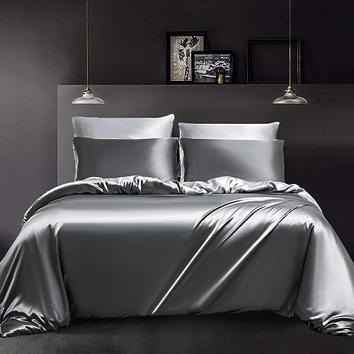 YASMENG Satin Bettwäsche 135x200 Grau Dunkelgrau Hellgrau Wendebettwäsche Deluxe Bettwäsche Satin Weich Glatt Glänzend Seidig Seide Bettwäsche 2teilig mit Reißverschluss und 80x80 cm Kissenbezug