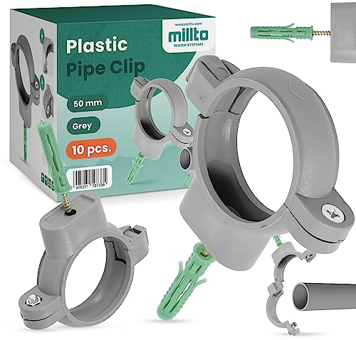 10x Millto™ Rohrschelle Kunststoff Halterung Rohr 50mm Stockschraube Dübel Rohrhalter Wasserrohrhalter Abwasserrohrschelle Kanalisationsrohrschelle Abwasserrohrhalterung