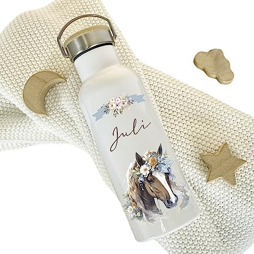 Manufaktur Liebevoll Trinkflasche Motiv Pferd Pony mit Namen als Geschenk für Mädchen | 500 ml auslaufsichere Isolierflasche aus Edelstahl I Flasche für Kita Schule Sport (Motiv Juli)