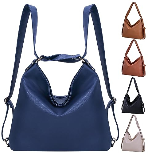 Bestash Damen Rucksack Leder,Handtasche Rucksack Tasche 2 In 1,Einfarbig Elegant Schultertasche für Alltag Arbeit Ausflug Schule Einkaufen Geeignet (Blau)