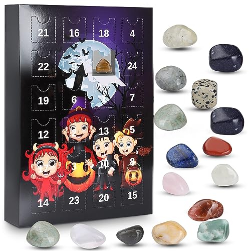 Adventskalender 2023 Kristalle und Edelsteine – Halloween-Countdown mit 24 Anfänger-Chakra-Steinen, perfekt zum Lernen, Sammeln und Dekorieren – Geschenke für Kinder (A)