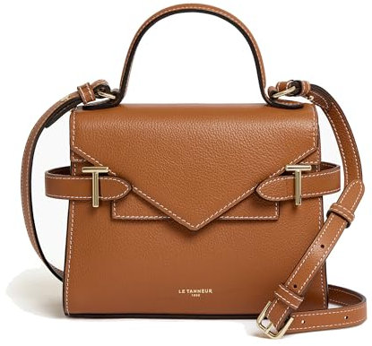 Le Tanneur, petit sac à main, sac bandoulière, en cuir grainé, emilie, femme, double rabat, poche plate arrière dos, poche plate avant, bandoulière ajustable et amovible, porté main et croisé