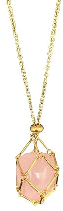 AITELEI Handmade Crystal Stone Holder Necklace, Stainless Steel Cage, Crystal Pendant, Adjustable Chain, Mesh Gemstone Jewelry for Women & Men, Gift (Gold Rose Quartz)