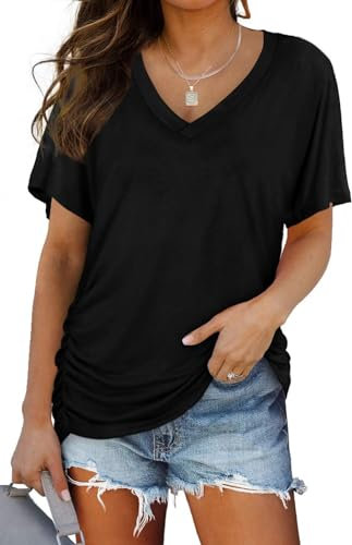 TrendiMax Camiseta de Manga Corta para Mujer Camistas Corte Holgado Cuello de Pico Informal Parte Superior básica