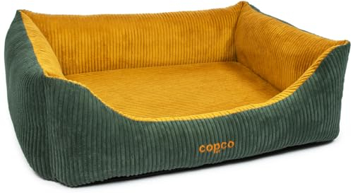 CopcoPet Hundebett Kyra Cord Goldgelb/Tannengrün XL 110 x 90 cm – Flauschiges Hundekörbchen mit hohem Rand & Einstieg – Waschbarer Bezug – Rutschfestes, bequemes Hundekissen für große Hunde