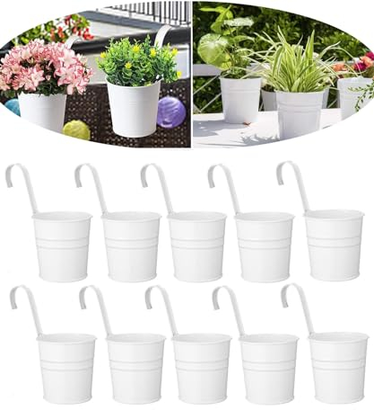 BSTMOME Metal Hanging Flower Pots with Detachable Hook Over Fence Balcony Planters for Railing, Indoor/Outdoor Home Decor (White)
