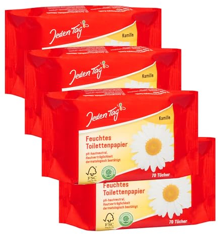 Jeden Tag Feuchtes Toilettenpapier Kamille 70 Tücher | pH Hautneutral, 100% Biologisch abbaubar | für eine mildende und hygienische Reinigung (4er Pack)