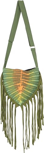 GURU SHOP Kleine Schultertasche, Hippie Tasche mit Fransen, Batiktasche - Grün, Herren/Damen, Baumwolle, Size:One Size, 30x30x5 cm, Alternative Umhängetasche, Handtasche aus Stoff