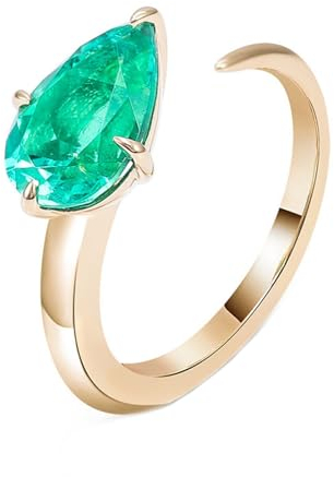 Mesnt Verlobungsringe, Damen 14K Gelbgold Offener Ring mit tropfenförmigem Lab-Create-Smaragd 3ct (Größe Anpassen)