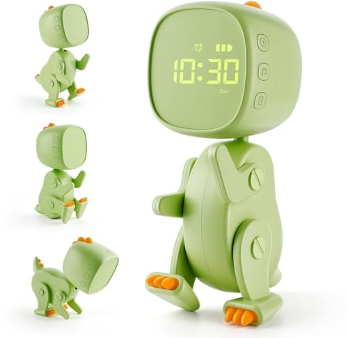 Homealexa Réveil pour Enfants en Dinosaure Réveil Educatif Rechargeable avec Forme Variable 6 Musique d'Alarme 3 Alarmes Fonction Snooze Veilleuse Minuterie 12/24 Cadeau pour Garçons et Filles