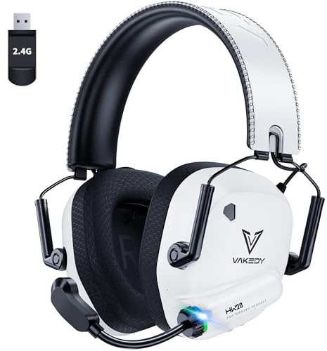 Vakedy Cuffia Gaming Wireless per PC, PS4, PS5, Mac, Switch Auricolare Gaming 2.4GHz USB con Microfono Bluetooth, Driver da 50mm, Batteria da 50 Ore, Bassa Latenza, Leggero (Bianco)