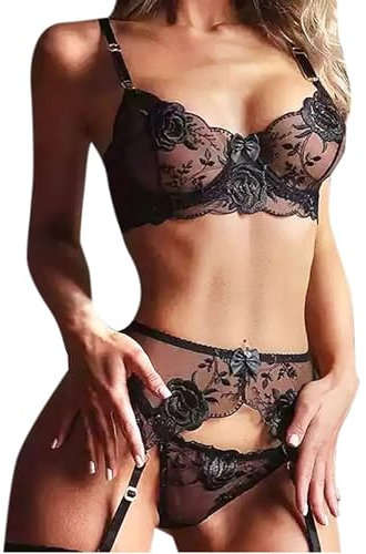 MIZSPISE Ensembles De Lingerie Sexy pour Femme sous-Vêtements Bretelles Soutien-Gorge À Armatures Et Slips Broderie Florale Nuisette avec Porte-Jarretelles (Noir, L)