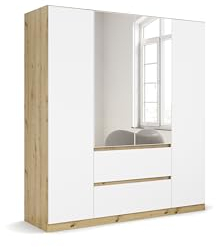 Rauch Möbel Nidda, Drehtürenschrank mit 2 Schubladen, 2 Spiegeltüren, Kleiderschrank weiß, Garderobe, 4-türig, grifflos mit Push-to-Open-Funktion, Farbe Weiß/Eiche Artisan, Holz, 181x197x54cm