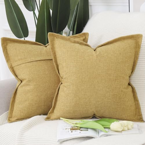 Madizz 2er Set Polyester Leinen Kissenbezügen mit breiter Kante Weiche dekorative Kissenbezüge für Sofa Schlafzimmer Kissenhülle Senfgelb 40x40 cm Quadrat