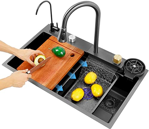 WJHOUSE Lavello da cucina Lavello da cucina a vasca singola con rubinetto estraibile multifunzionale e lavatrice per tazze, scarico sopra o sotto/Grigio canna di fucile/68X45X22 cm