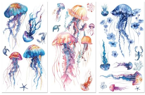 Peacoblue UV DTF Rub-On Transferfolie Möbel-Sticker Bunte Quallen Muster 15x30cm, 3 Stk. Wasserfeste Deko-Transferaufkleber für Möbel Glas Gläser Porzellan Wäscheschränke Kommoden Holz Kunststoff