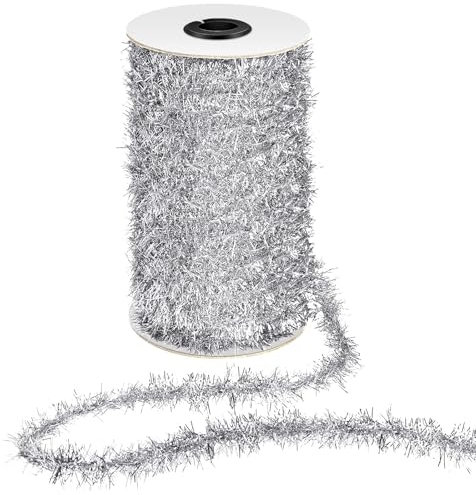 Weihnachts Lametta Girlande, Lametta Girlande Weihnachtsbaum, Lametta Girlande Silber, Weihnachtsdeko Lametta Girlande, Glänzendes Dünnes Lametta-Weihnachtsbaumband für Weihnachten(Silber)