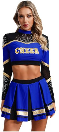 RUNQHUI Damen Cheer Leader Kostüm Zweiteiler Crop Tops mit Faltenrock Cheerleading Uniform Tanzkleid Halloween Karneval Fasching Partykleid Blau S