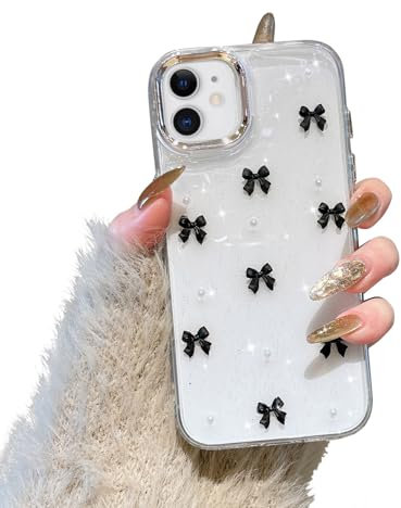 EYZUTAK Handyhülle für iPhone 12/iPhone 12 Pro, Funkelnde 3D Bowknot Telefon Hülle Nette Glitzend Kristall Klare Schleife Design Case Schlank Weich TPU Transparente Schutzhülle - Schwarze Schleife