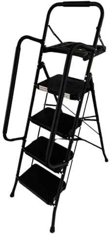 Easylife Step Ladder with Handrail (4 Steps) Indoor Ladder with Built-In Tool Caddy, Lightweight Step Ladder Supports up to 150kg, Folding Step Ladder with Anti-Slip Steps H147cm - Fully Guaranteed
